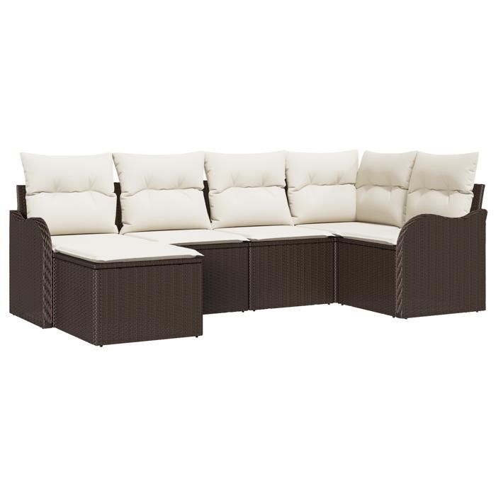 Ensemble de 6 pièces de canapés de jardin avec coussins marron en poly rattan, Canapé de jardin 2 places avec coussins 3345768