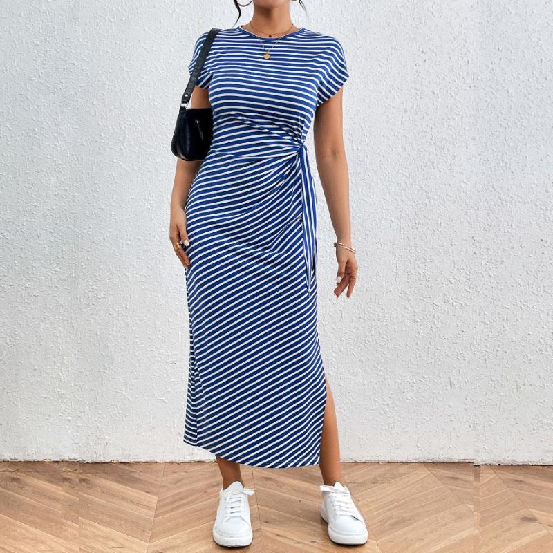 Women's Fashion Summer Spring Stripe Print O-Neck Slim Casual Dresses