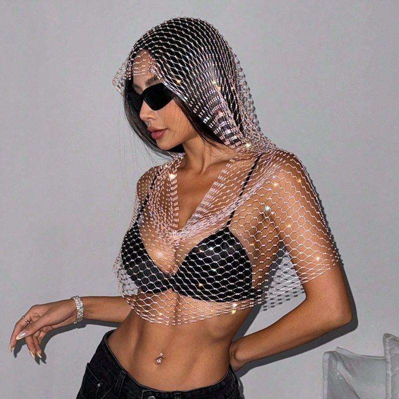Cross-Border New European and American Women's Clothing: Mesh Rhinestone Fishnet Top, Sweet and Spicy Style, Sparkling Rhinestone Hooded Vest