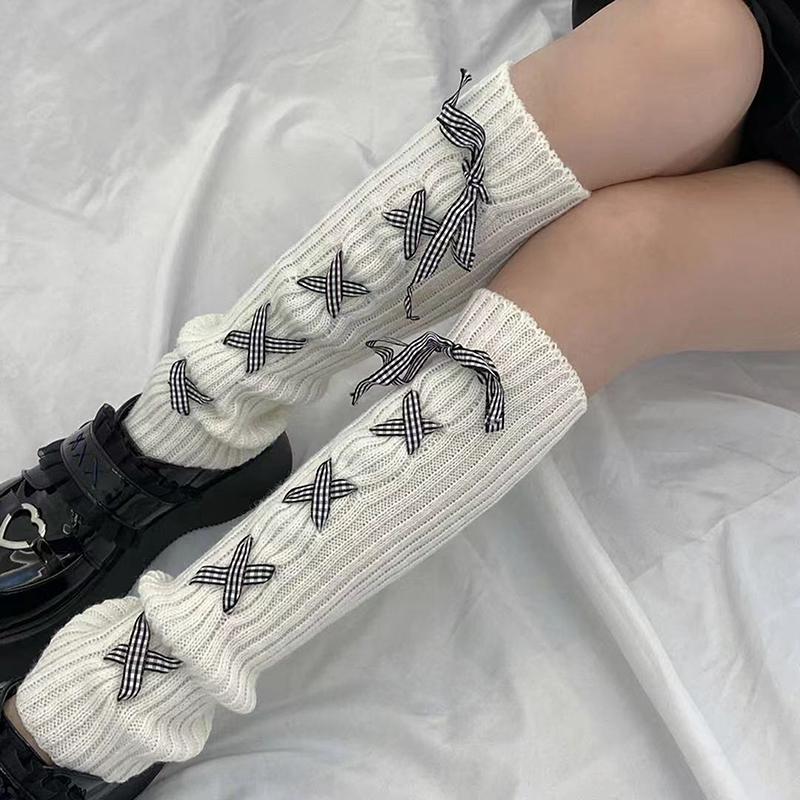 

Woman Leg Warmers Autumn And Winter Ribbon Lolita Black Knee Warmers Long Socks Jk Knitted Leg Warmers A2