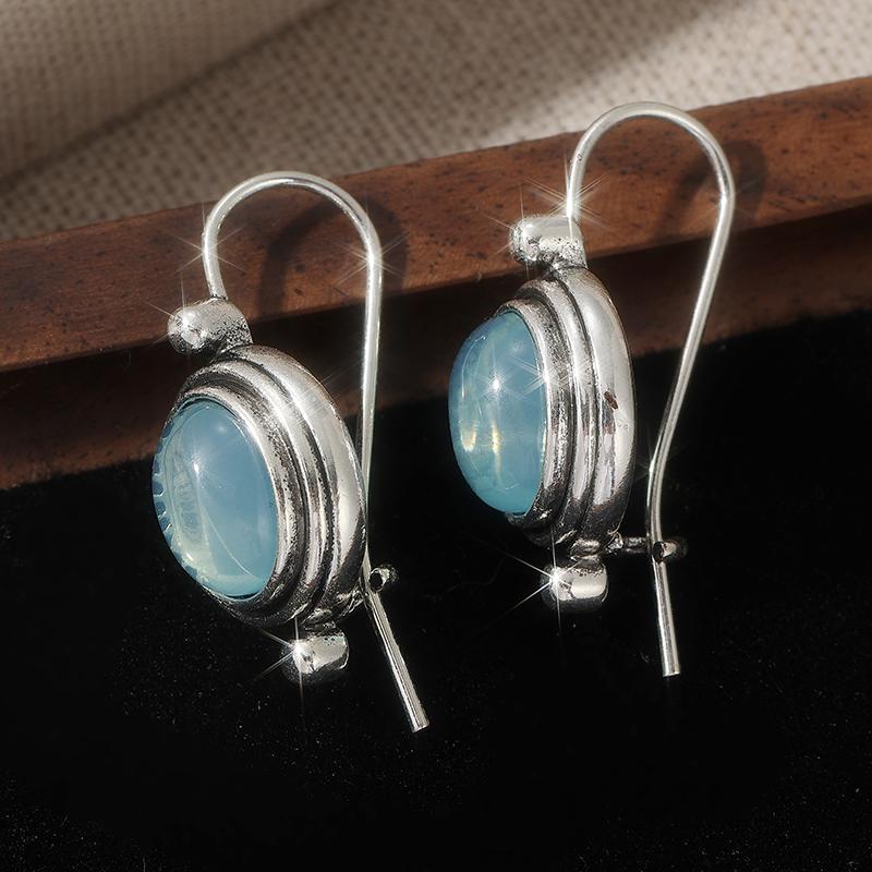 Vintage Silver Color Sea Blue Stone Dangle Earrings Woman Oval Party Daily Wear