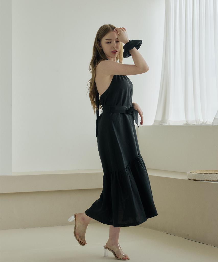 Belrma Black Linen Back-Open Ribbon Halterneck Dress