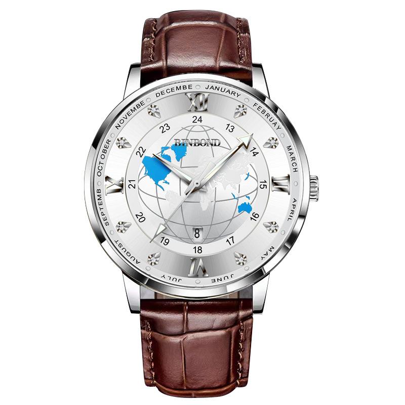 2025 new ultra-thin watch men's waterproof leather belt globe trend calendar men's watch