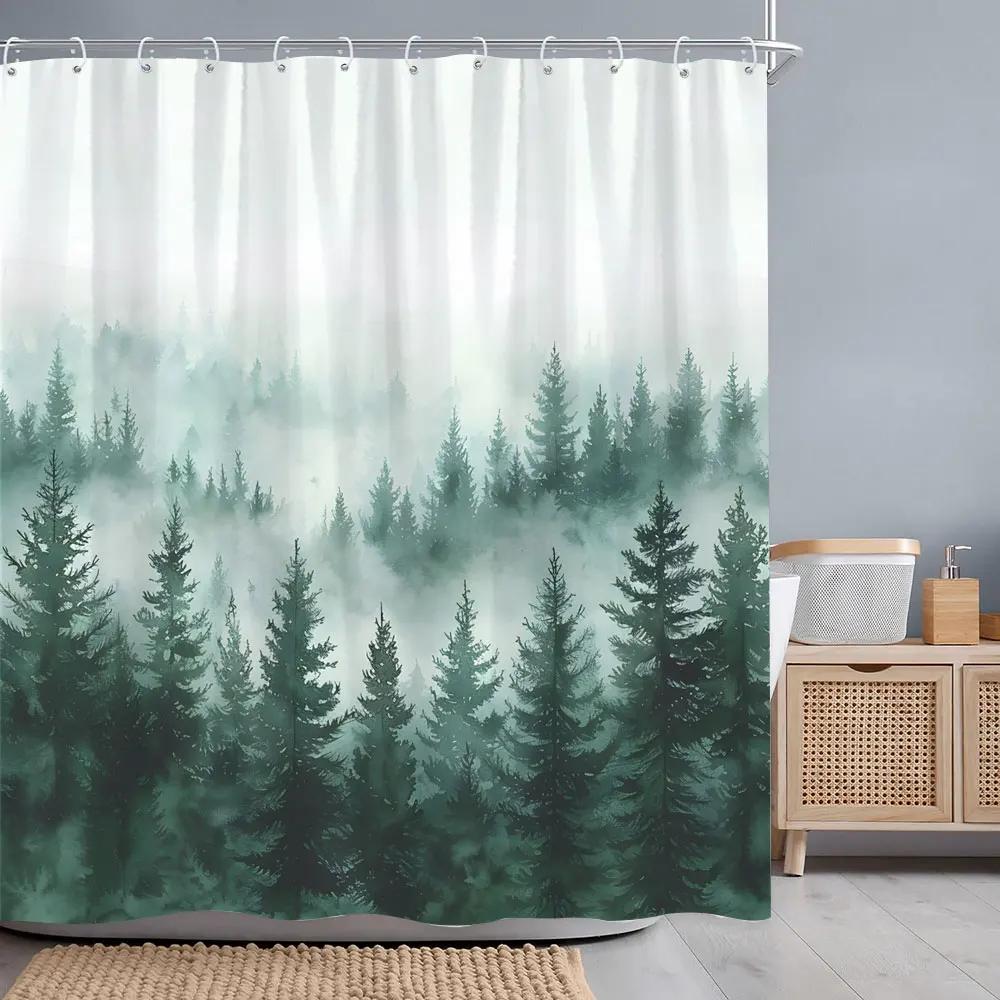 Misty Forest Shower Curtain Dreamy Rainforest Watercolour Print Polyester Fabric Shower Curtains Bathroom Decoration with Hooks