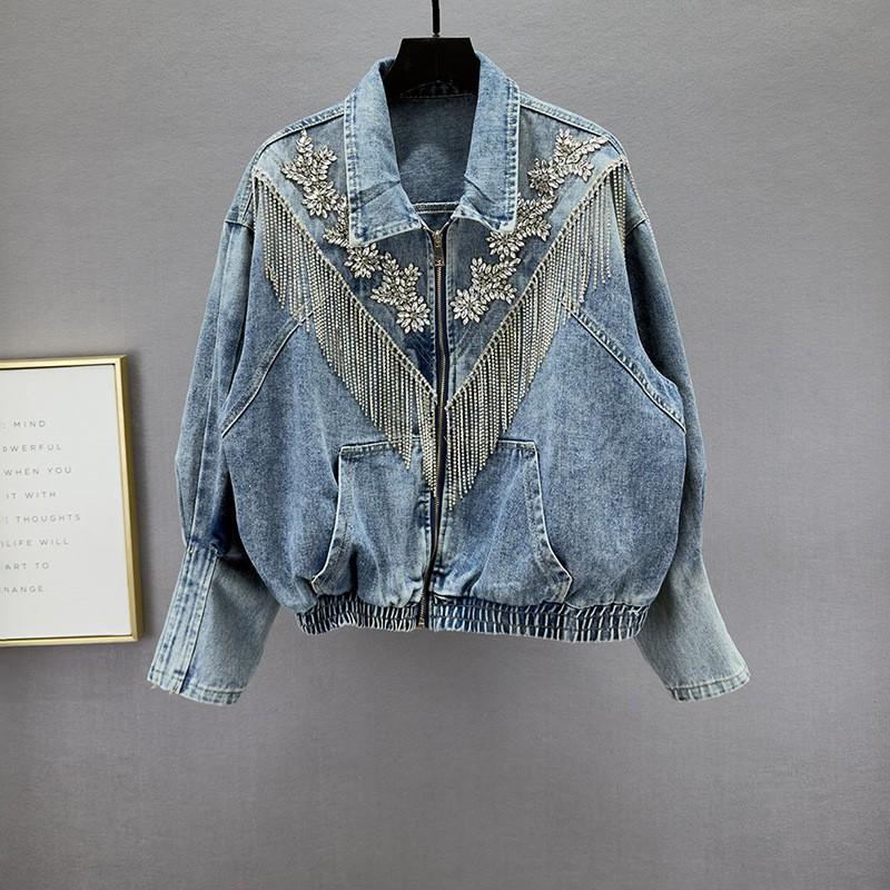 Womens Denim Jacket Rhinestone Tassel 2026 Loose Fit Vintage Distressed Zip Up Streetwear