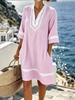 Boho bedrucktes V-Ausschnitt lockeres Strandkleid Kurzarm Sonnenschutz Cover-Up für den Sommerurlaub