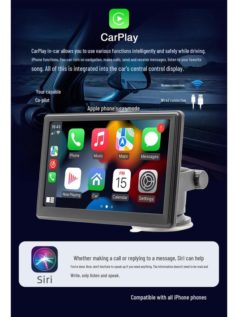 7" Portable Car Bluetooth MP5 Player with Android Auto, Rear View, Apple CarPlay, and Reversing Screen