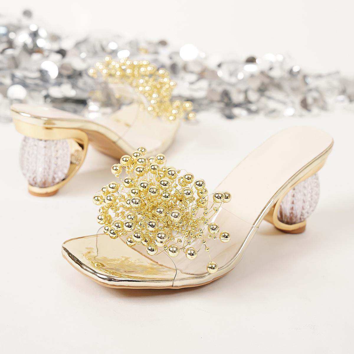 

New Women s Water Diamond Flower Sandals with Transparent Thick Bottom Party Dress PVC Slippers Mules High Heels 36 золотой