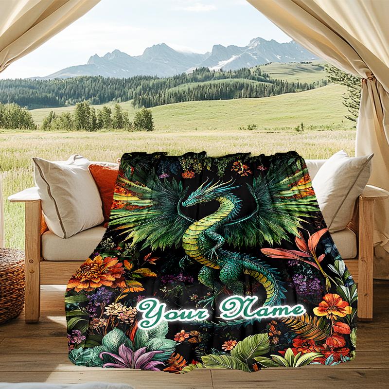 1PC Custom Name Dragon Garden Outdooor Flannel Blankets Patterns Throw Blanket All-Season Soft Gift for Couch, Bed, Camping Gifts