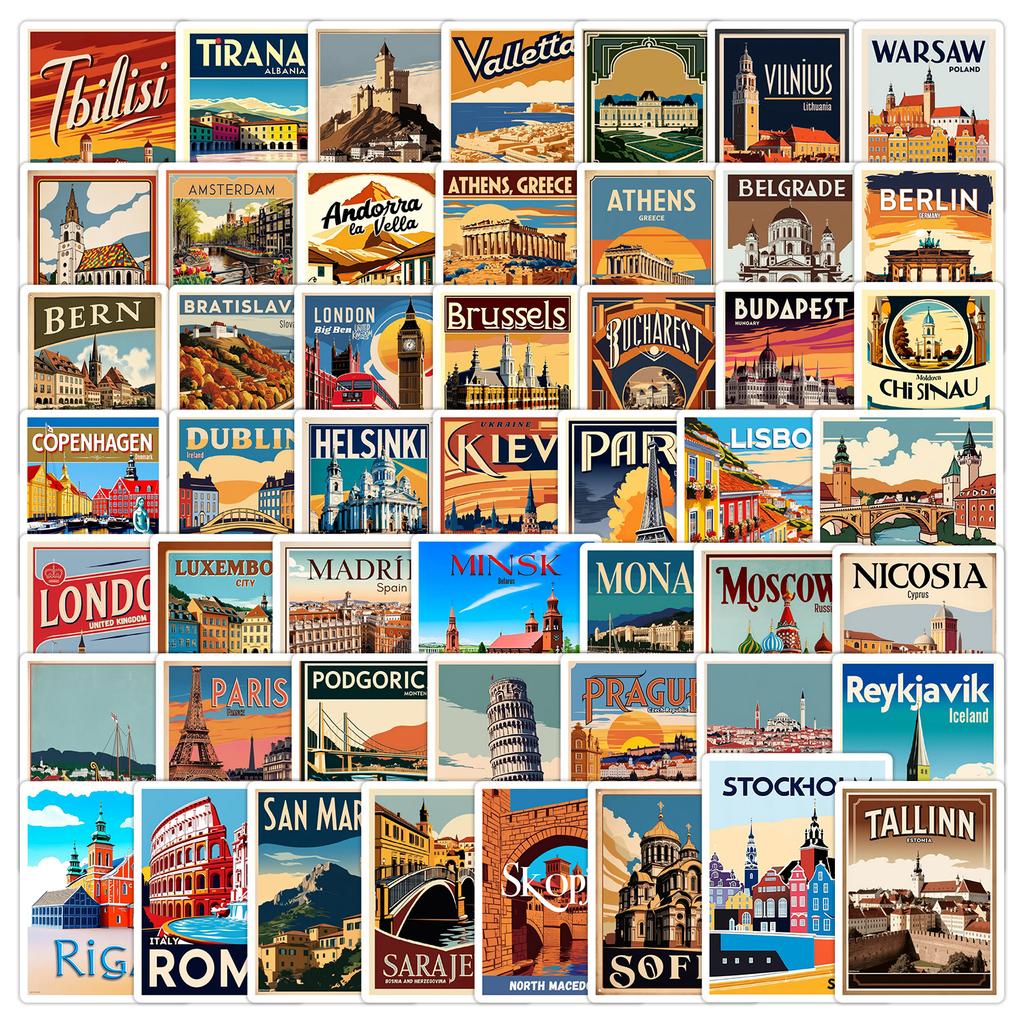 50Pcs European City Travel Stickers Famous Landmark Buildings Decals DIY Trolley Luggage Suitcase Refrigerator Car Sticker