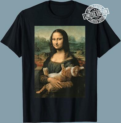 Mona Lisa With Orange Cat Funny Art Painting T-Shirt Size S-4XL Unisex T-Shirt