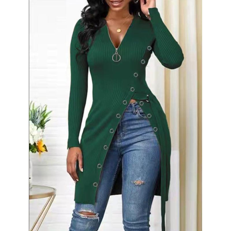 Women's Solid Color Long Sleeve Zip V Neck High Slit Long Ribbed Shirt