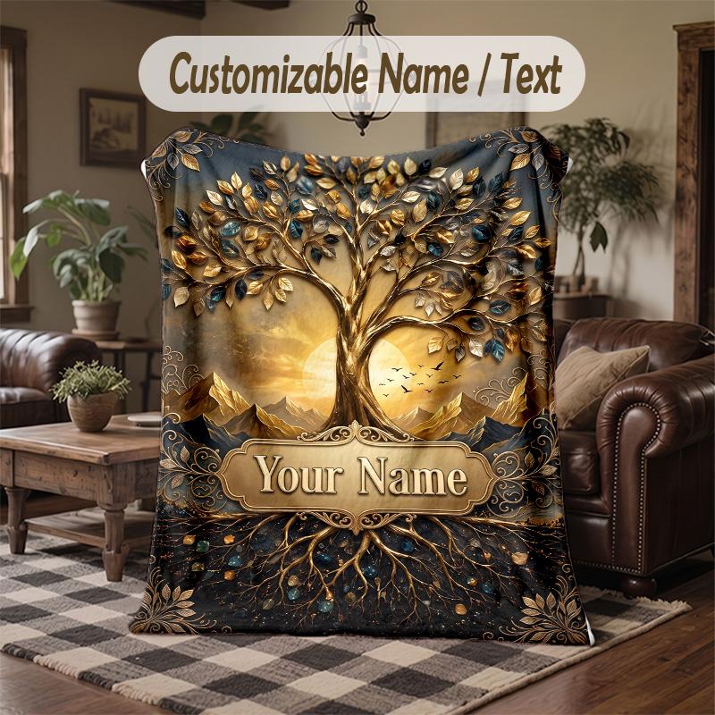 Tree Life Artwork 2 Theme Throw Blanket Custom Name Text Personalized Blanket Soft Cozy Blanket for Home Sofa Bed