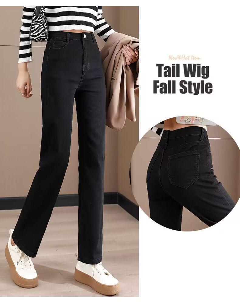 Women's High-Waisted Fleece-Lined Black Straight-Leg Jeans - Slimming, Loose Fit for Autumn & Winter