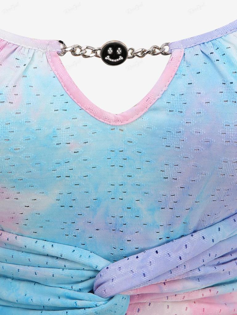 Rosegal Plus Size Ombre Colorblock Tie Dye Print Smile Chain Panel Grommets Tie Twist Hollow Out Tank Top