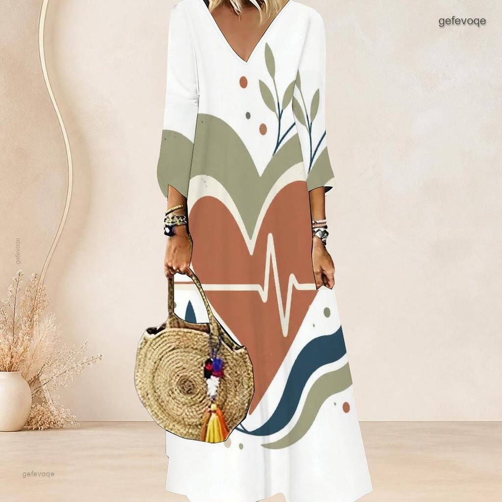 Plus Size Women V Neck 3 4 Sleeve Maxi Dress Soft Chic Casual Holiday Street Gown