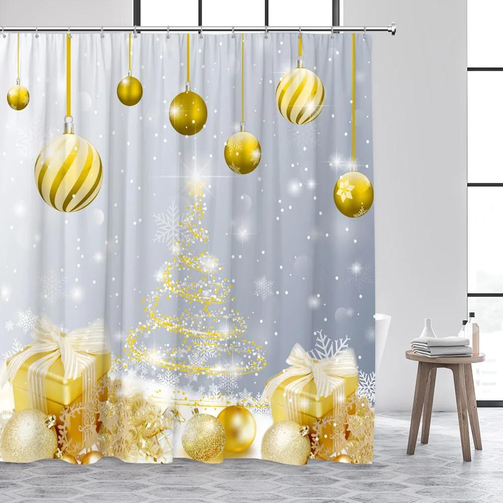 Cute Snowman Christmas Shower Curtains Blue Xmas Tree Rope Ball Gift Snowflake Winter Scenery Fabric Home Bathroom Curtain Dec