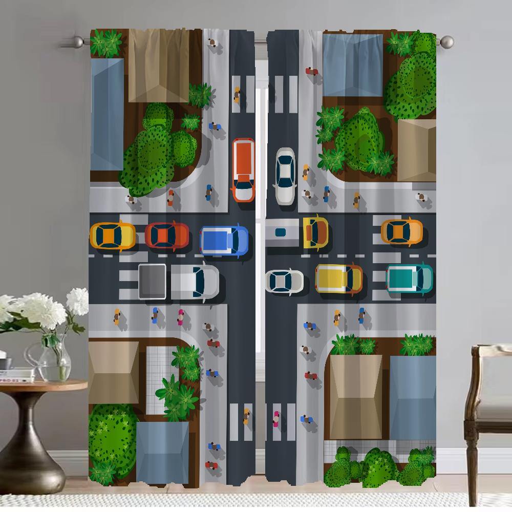 City Road Cartoon Kitchen Curtains 2 Pieces Home Interior Curtains for Living Room Shades Halloween Decoration Tulle for Bedroom