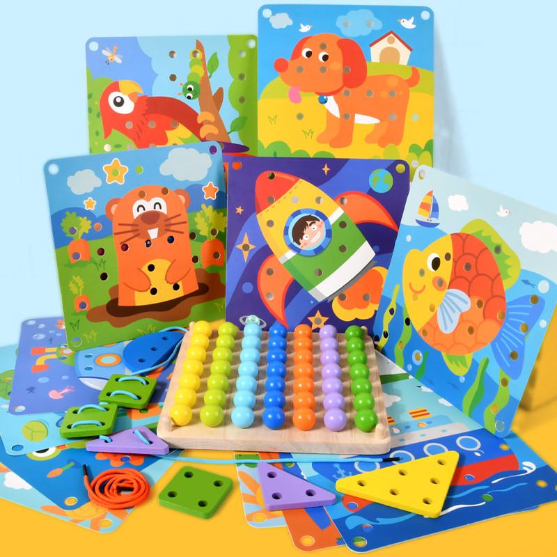 Kids Wooden Educational Threading Board With Mushroom Nail For Brain Development