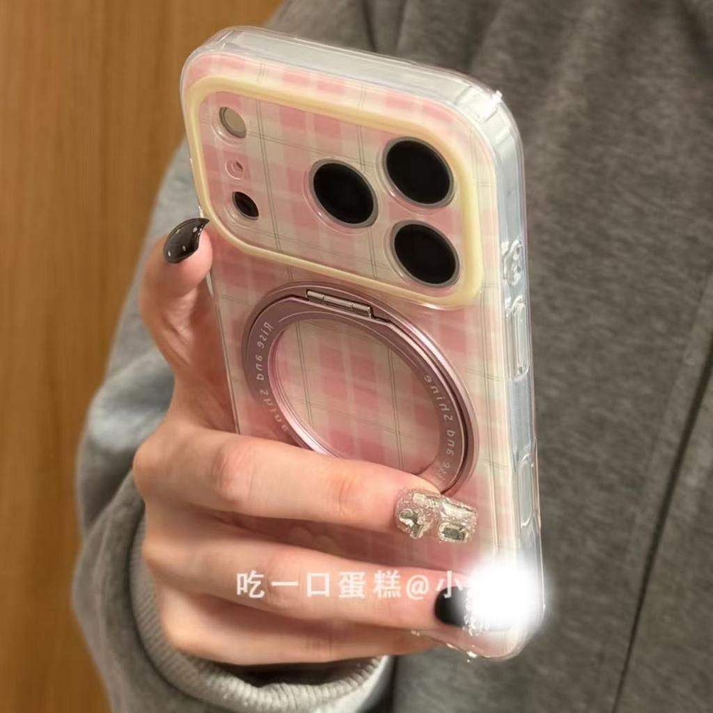 Pink and blue striped plaid love rotating bracket apple 17promax mobile phone case iphone1615ins