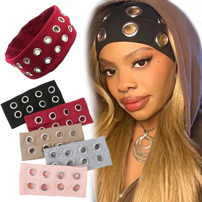 1PC With Metal Ring Cool Circular Cutout Design Fashion Headscarf Breathable Face-Washing Headband Dark Style Multicolor
