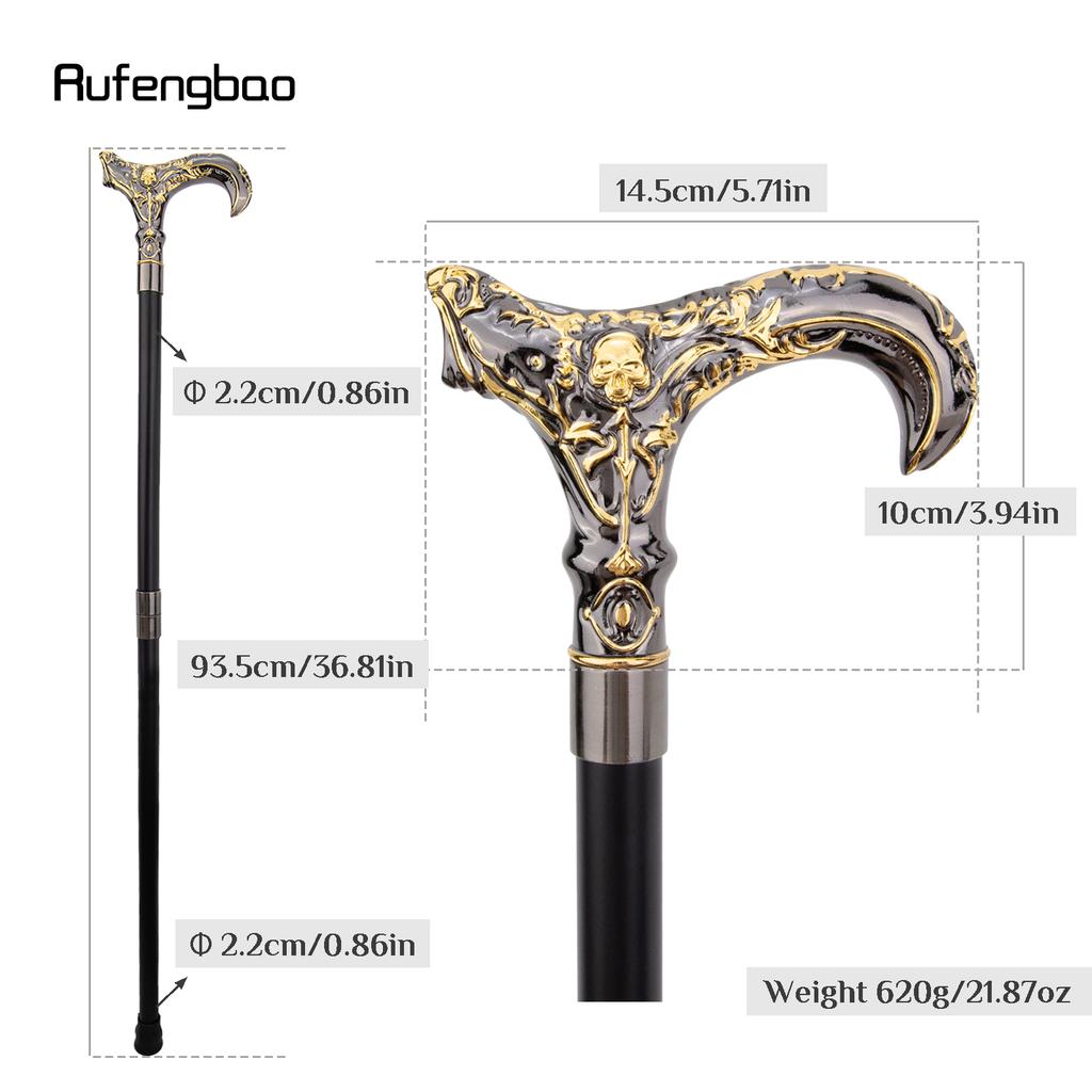 Golden Black Skull Flower Head Walking Cane Fashion Decorative Walking Stick Gentleman Elegant Cosplay Cane Knob Crosier 93cm