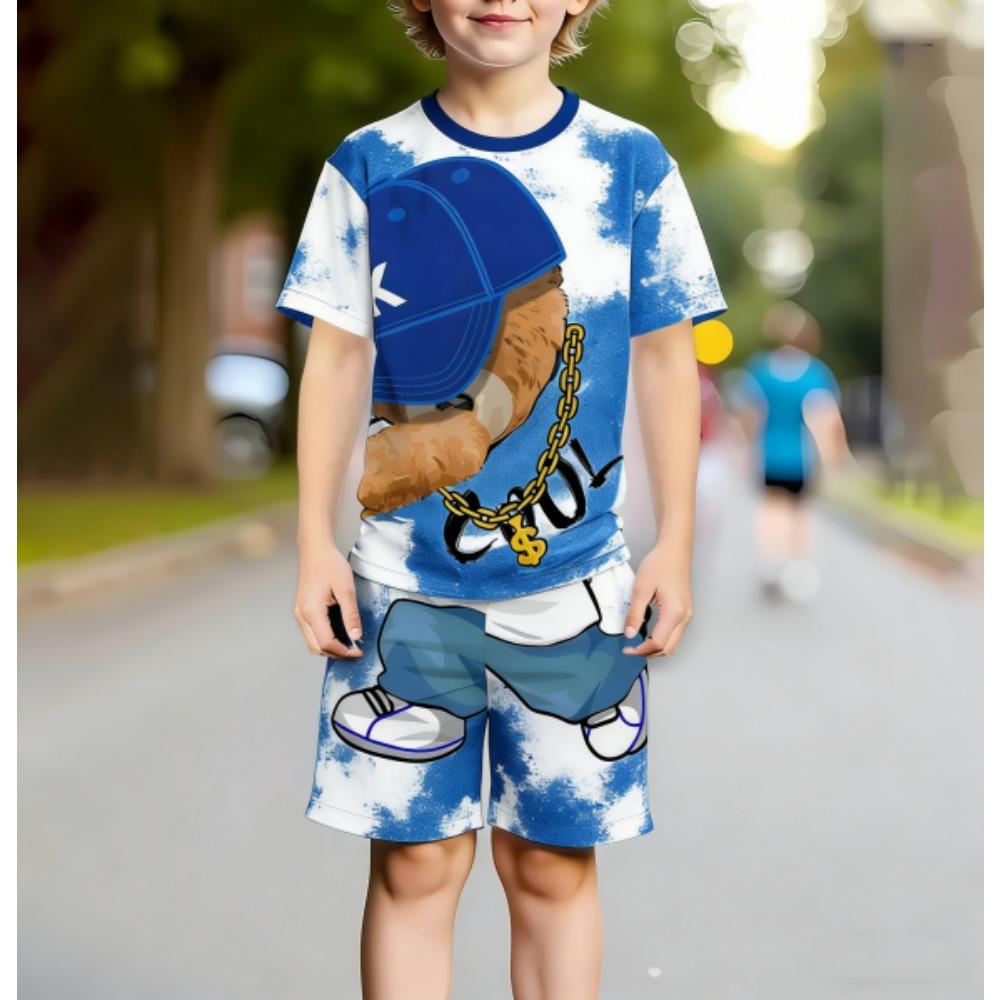 Europe and America Hip Hop Bear Men's Set Summer Men's T-shirt and Shorts 2 Piece Set Outdoor Casual Men's and Women's Outfit