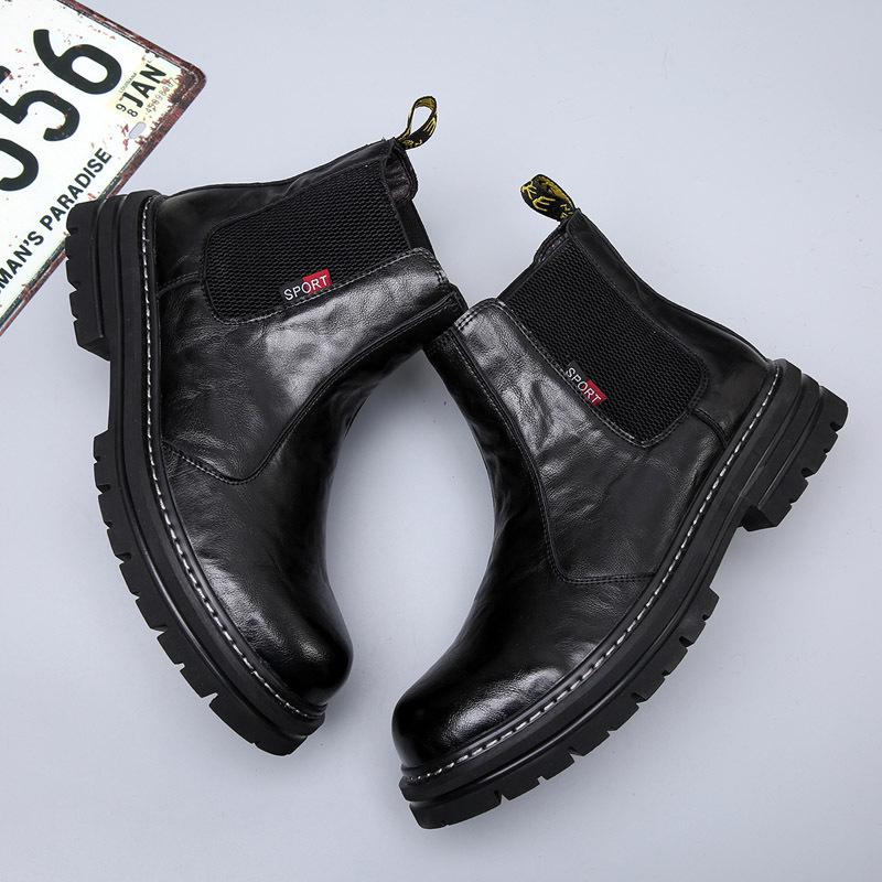 Men's Winter Martin Boots: Trendy Genuine Leather, Plush Lining, Retro Thick-Soled Chelsea Design for Warmth and Comfort.