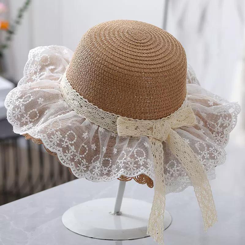 Children's Summer Sun Straw Hat Sunshade Little Girl Princess Lace Hat Big Brim with Rope Parent-child Hat Bag