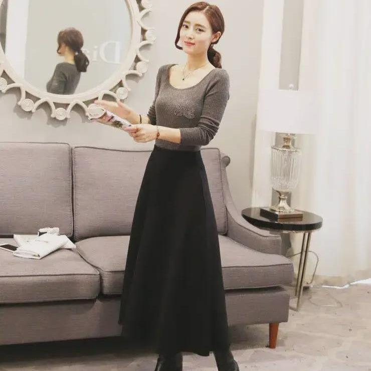 Mittellanger elastischer Rock im koreanischen Stil mit hoher Taille für Damen