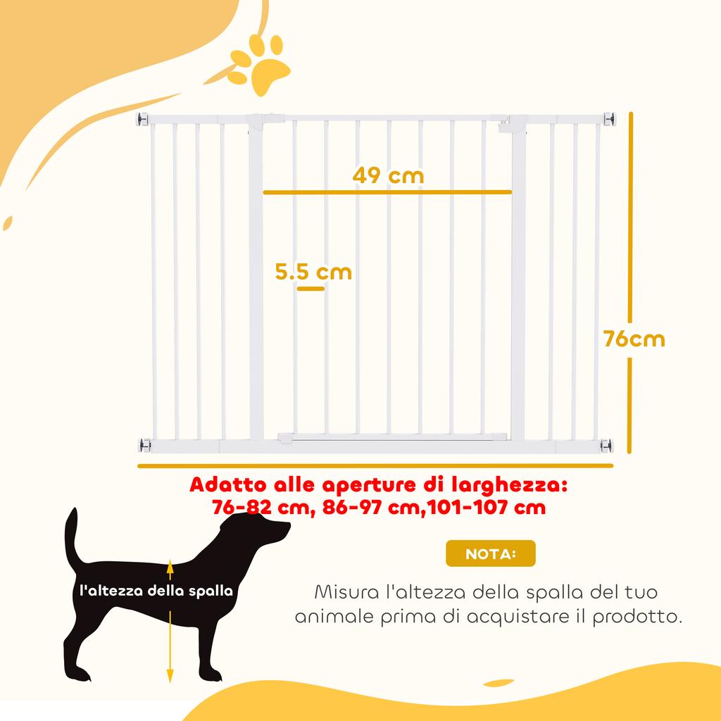 Extendable Safety Dog Gate, 76-82/86-97/101-107 Cm, Pressure Fit, Metal and Plastic, White
