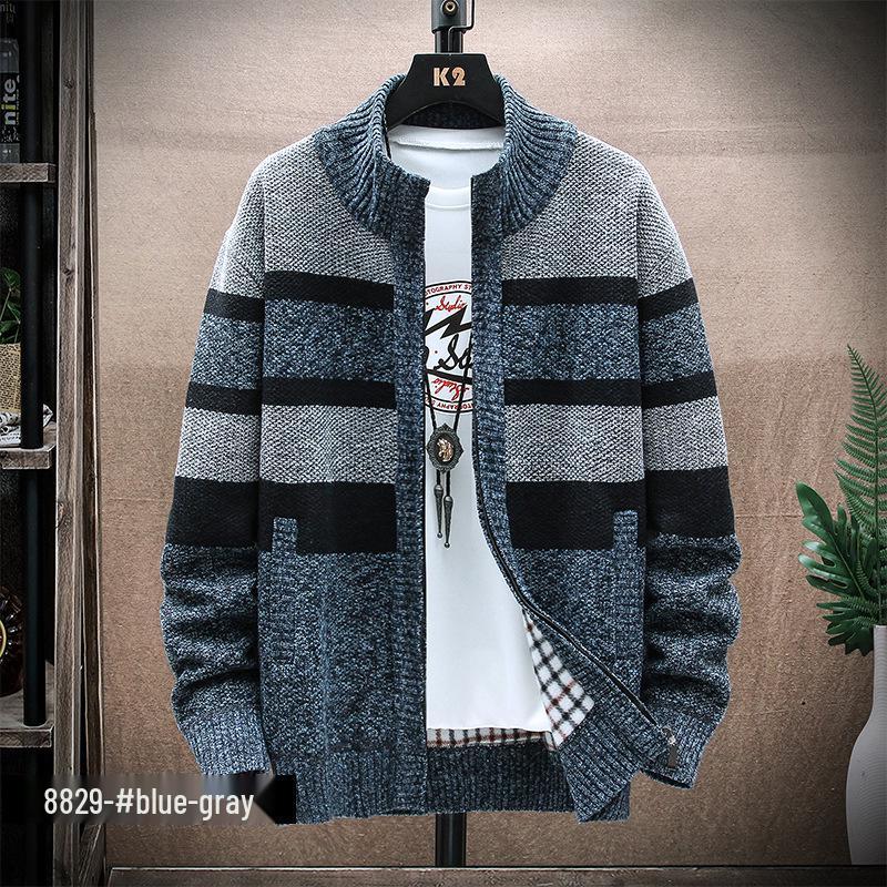 

Мужской полосатый кардиган на молнии с воротником-стойкой и флисовой подкладкой - Повседневный вязаный плащ для осени/зимы XL синий/серый