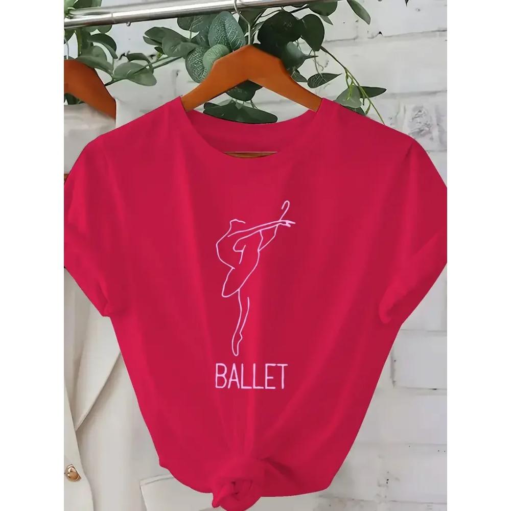 Women's Elegant Ballet-Themed Graphic Tee Casual Short Sleeve Crew Neck T-Shirt with Dancing Figure Design Ballet Dancer T-Shirt