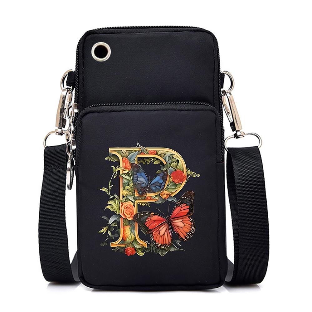 Women Small Crossbody Shoulder Bags Vintage Flower Alphabet Mobile Phone Bag Purse Soft Leather Strap Handbag Mini Messenger Bag