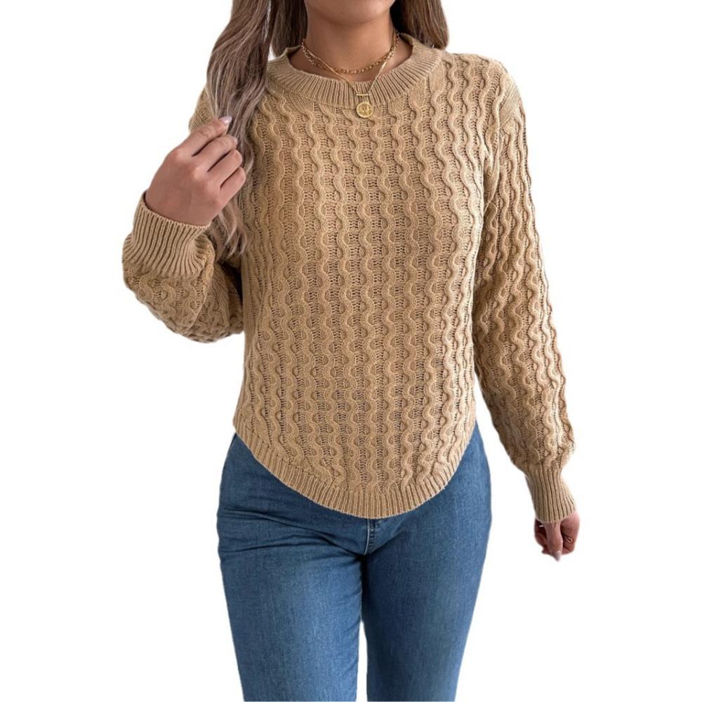 Women's Sweatshirt Casual Top Solid Colour Cable-Knit Bell Sleeves Asymmetrical Pullover