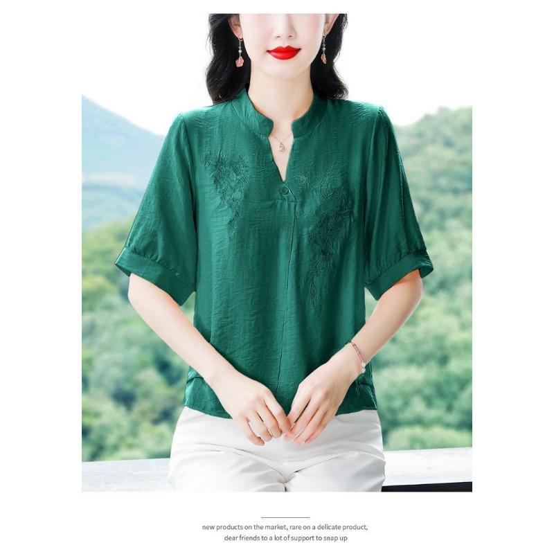 Damen-Mischgewebe-Bluse - Stehkragen Blumenstickerei Halbsleeve Top