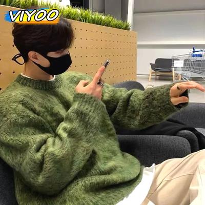 Green Men's Clothing Sweater Japanese Vintage Solid Oversized Casual Pullover Knit Sweater Winter Long Sleeve Korean Men Clothes