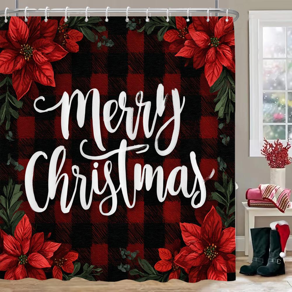 Merry Christmas Shower Curtain, Bathroom Decorative Shower Curtain, Home Decoration Christmas Gift Curtain with Hooks