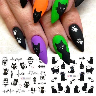 12 Wzorów Czarny Kot Naklejki Wodne na Paznokcie Urocze Kawaii Kreskówkowe Naklejki do Zdobienia Paznokci Suwaki Transferowe z Znakami Wodnymi Dekoracje Manicure