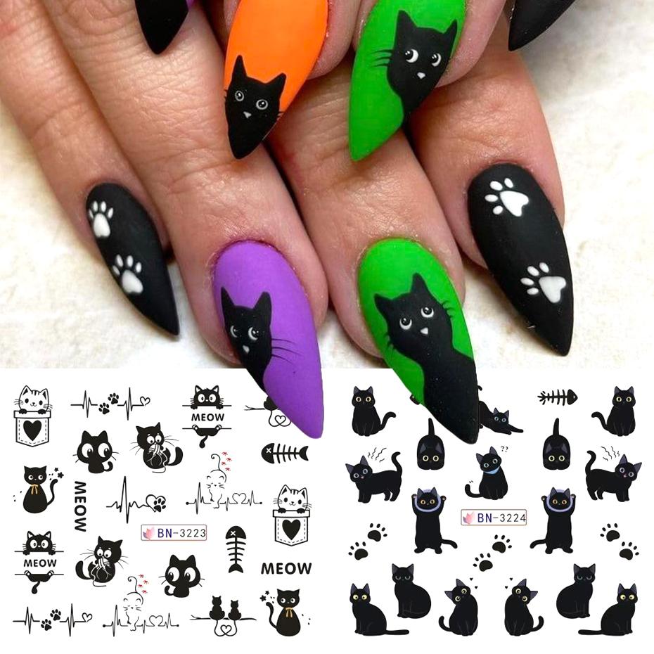 12 Designs Schwarze Katze Nagel Wasser Aufkleber Niedliche Kawaii Cartoon Nagelkunst Abziehbilder Wasserzeichen Transfer Slider Maniküre Dekorationen