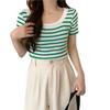 Women's French-Style Black & White Striped U-Neck Square-Shoulder Short-Sleeve Summer T-Shirt