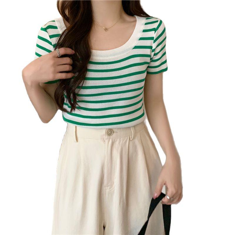 Women's French-Style Black & White Striped U-Neck Square-Shoulder Short-Sleeve Summer T-Shirt