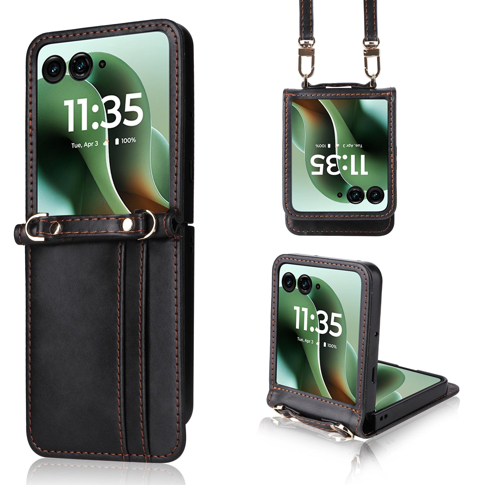 

For Motorola Razr 60 Ultra 5G/Razr Ultra 2025 5G Case Card Slots Leather Phone Cover with Lanyard Black