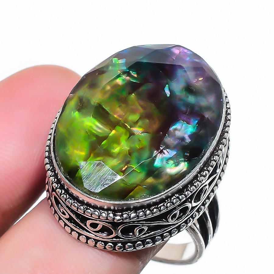 Natural Ammolite Gemstone Handmade 925 Sterling Silver Jewelry Ring Size 9 AR-17165