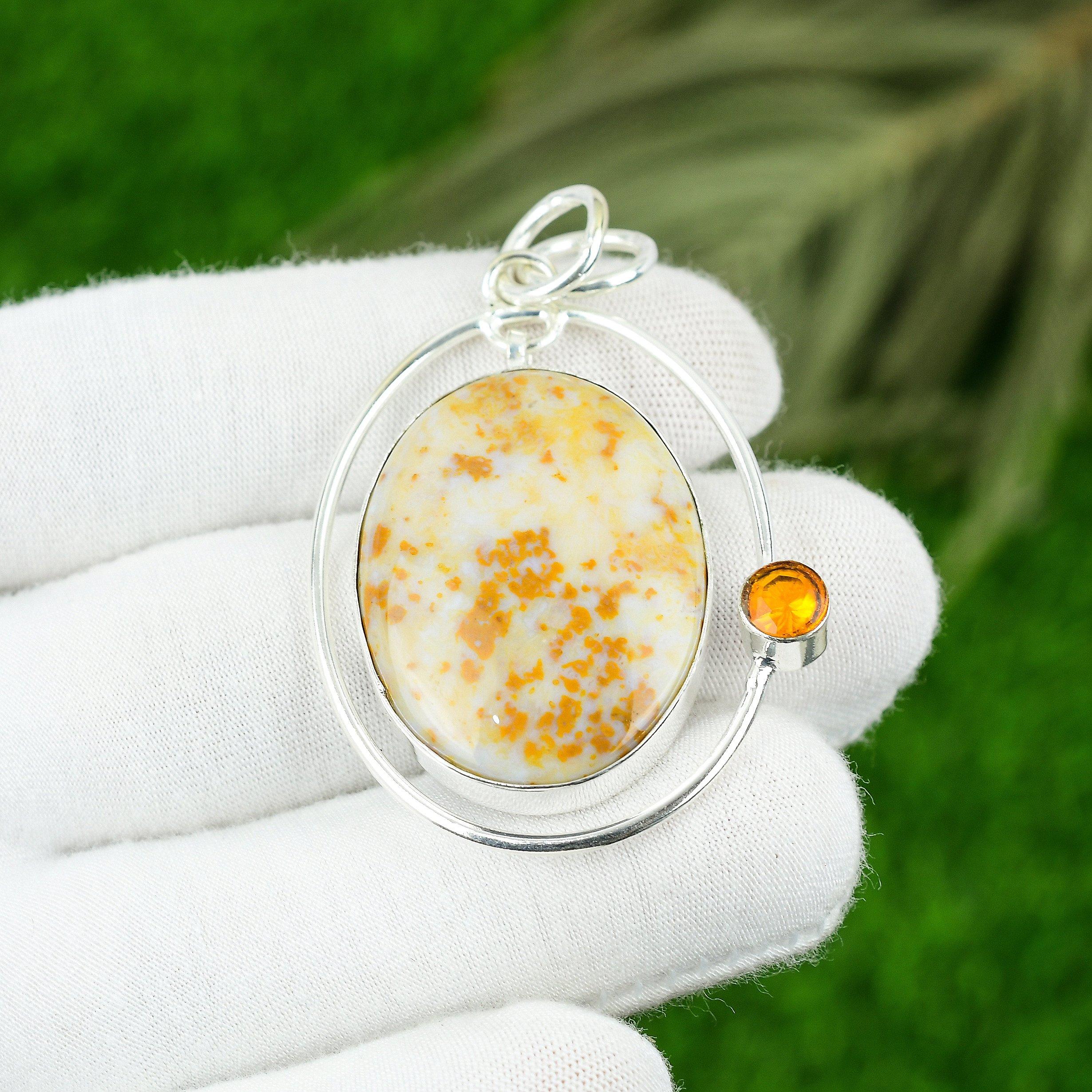 

Mothers day Deal Natural Polka Dot Agate Citrine New Pendant 925 Sterling Silver