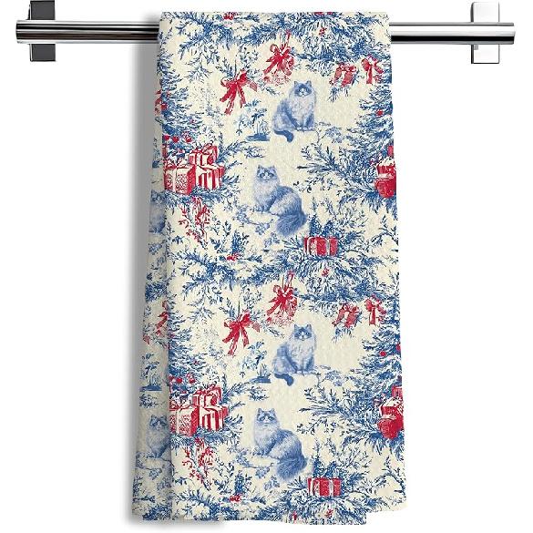 Christmas Chinoiserie Labrador Retriever Kitchen Towels,Coquette Red Grandmillennial Dog Christmas Toile de Jouy Doxie Decorative Hand Towel for G-ragdoll