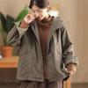 Johnature Women Vintage Hooded Jackets Zipper Solid Color Winter NPatchwork Pockets Casual Warm Jackets Coat