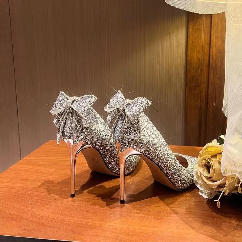 Spring and Autumn New Crystal Diamond Silver Bow High Heels Women's Fine Heels Bridesmaid Wedding Shoes Women