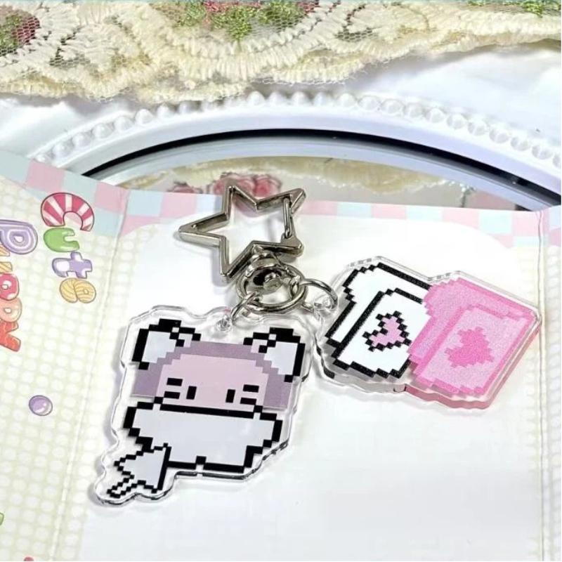 INS Trendy Pixel Cartoon Acrylic Keychain 4 Styles Retro Flip Phone Dolphin Rabbit Pendant for Teen Backpack Decor