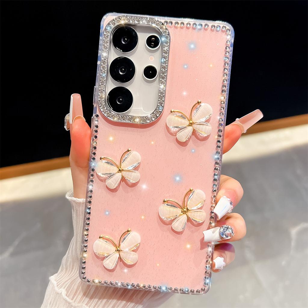 Handmade Sparkly Diamond Glass Butterfly IMD Phone Case, Compatible with Samsung S23 Ultra/S24/S25 & A07/A15/A16/A17/A26/A35/A36/A55/A56